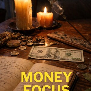 May include: A candlelit scene with a focus on a spiritual ritual. The image features a burning candle, an open book with the text "MONEY FOCUS RITUAL", a dollar bill, and scattered coins. Incense smoke rises in the background.