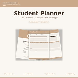 Könnte beinhalten: Ein Studentenplaner mit dem Text "Student Planner" in fetter, dunkelbrauner Schrift. Der Planer ist für ADHS-Betroffene konzipiert und enthält den Text "ADHD-Friendly Study smarter, not longer". Der Planer ist ein druckbares PDF und hat die Größe A4 und US Letter.