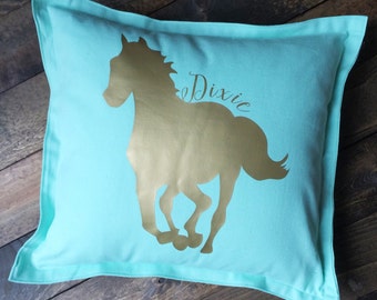 Horse Throw Pillow, Personalized Pillow, Running Mustang Pillow, Horse Lover, 14 X 14, Gifts for her, Color Options, Pillow and Form