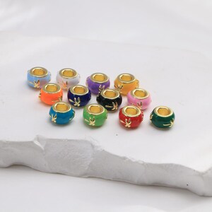 4Pcs Enamel Round Rondelle bead, 18K gold plated Coconut tree Pattern Big Hole Beads, for necklace and bracelet making, jewelry finding