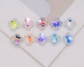 Conjunto de 5 contas de cristal multicoloridas em formato de cruz, representando o olho grego. Acessórios de vidro para confecção de bijuterias DIY.