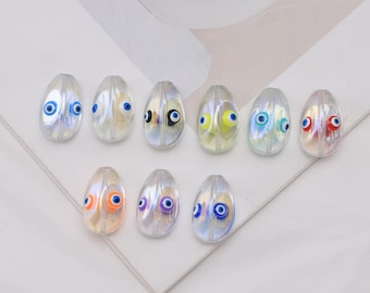 Conjunto de 5 contas de cristal em formato oval com olho grego, contas de vidro esmaltado em formato de olho, olhos gregos turcos para artesanato.