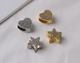 Micro contas em formato de coração com pavé em formato de estrela, contas espaçadoras em formato de coração e estrela douradas/prateadas com furo grande, acessórios para confecção de joias DIY (DB-1074)