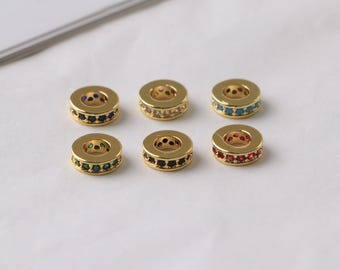 4pcs 18K Gold Plated Round Flat Beads, Zircon Paved Spacer Beads for Bracelet DIY Jewelry Making Craft Supplies (DB-1062)