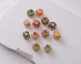 10Pcs Big Hole Gold Plated Beads, Enamel Spacer Bead With Zircon Inlay, for Jewelry Making 11x9mm