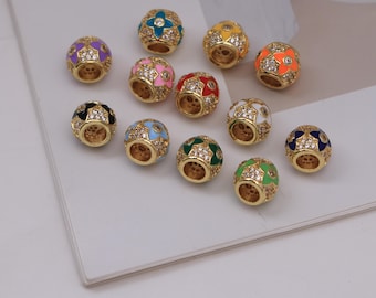 2Pcs Four-pointed Flower Big Hole Gold Plated Beads, Enamel Spacer Bead With Zircon Inlay, Charms for Jewelry Making
