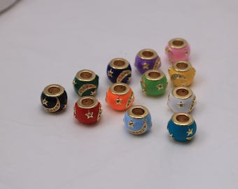 2 Stück Zirkon Emaille Runde Perlen, 18K vergoldet Stern und Mond Muster Big Hole Beads, für Halskette und Armband machen, Schmuck finden