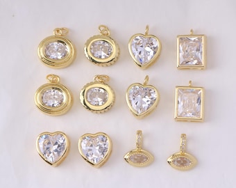 2pcs Gold Plated Clear CZ Pendant, Oval Heart Square Eye Shape Jewelry Finding, for DIY Jewelry Making (DB-1133)