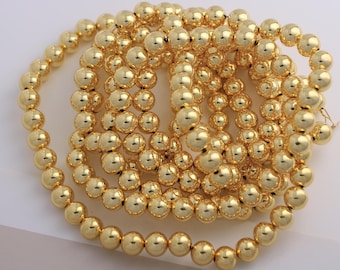 50 peças de contas redondas de 8 mm/10 mm banhadas a ouro 18K, contas espaçadoras lisas para confecção de joias DIY (DB-1049)