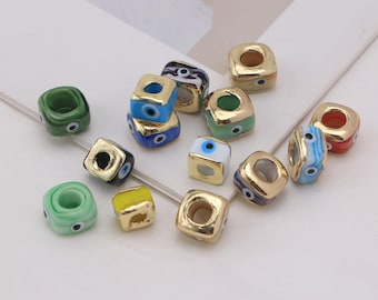 Conjunto de 5 contas de vidro soprado coloridas em formato de cubo com olho grego, contas Murano com furo grande, acessório para artesanato DIY.