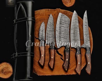 5pc Hand Forged Damascus Knives Set, cow Leather cover, custom engraved chef set gift for dad/mom(Christmas / birthday / fathers day)