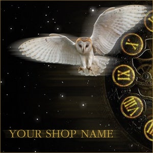 May include: A white owl with black eyes flies through a dark starry sky with a clock face in the background. The clock face has Roman numerals and gold accents. The text "YOUR SHOP NAME" is at the bottom of the image.