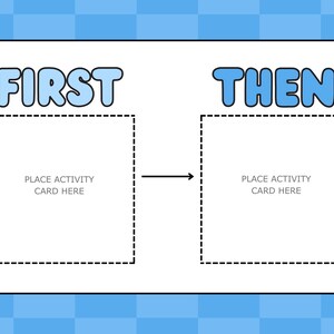 May include: A white rectangular visual schedule board with a blue checkered border. The board features the text FIRST and THEN in blue bubble letters, with two dashed-line squares for activity cards and a black arrow pointing to the right.