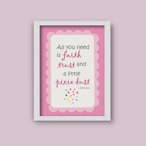 Puede incluir: Una impresión enmarcada rosa con un borde blanco festoneado. La impresión presenta una cita de Peter Pan: "Todo lo que necesitas es fe, confianza y un poco de polvo de hada." La cita está en letras rosa y púrpura. El fondo es rosa con una dispersión de confeti de colores.