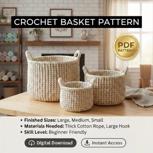 May include: Three beige crochet baskets of varying sizes, with handles, sit on a wooden surface. The text "CROCHET BASKET PATTERN" is above the baskets. The image also includes a "PDF PATTERN" badge and details about sizes, materials, and skill level.