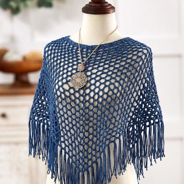 Crochet Poncho Pattern | Lightweight Mesh Summer Top | Boho Fringe Cover Up | Beginner V Neck Poncho (PDF Download)