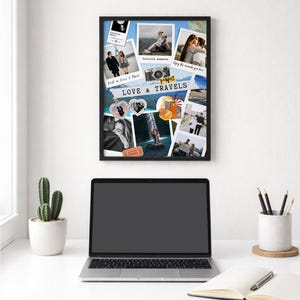 Könnte beinhalten: Ein gerahmtes Collage mit Fotos zum Thema Reisen und Liebe. Der schwarze Rahmen enthält Schnappschüsse von Paaren, einer Kamera und die Worte "LOVE & TRAVELS" und "perfect". Die Collage hängt an einer weißen Wand über einem Laptop und Schreibtischzubehör.