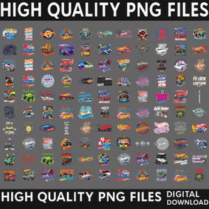 Op de afbeelding: Een verzameling digitale grafische ontwerpen met Hot Wheels-branding, inclusief diverse speelgoedauto's, racebanen, vlammen en tekstelementen zoals 'Birthday', 'Pit Crew Captain' en 'My Dad is a Legend' gerangschikt in een raster op een grijze achtergrond.