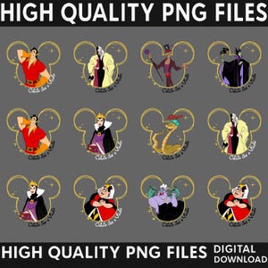 May include: A collection of twelve digital illustrations featuring various animated villains enclosed in gold-outlined Mickey Mouse ear shapes. Each graphic includes the text Chillin like a Villain. The characters include Gaston, Cruella de Vil, Dr. Facilier, Maleficent, the Evil Queen, Kaa, and Ursula in colorful attire.