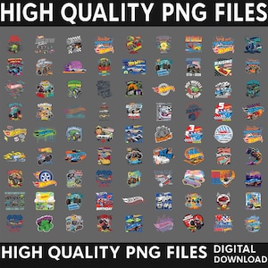 May include: A digital collection of Hot Wheels themed graphic designs featuring various race cars, monster trucks, and birthday motifs with colorful illustrations and text. The high-quality PNG files are arranged in a grid on a gray background.
