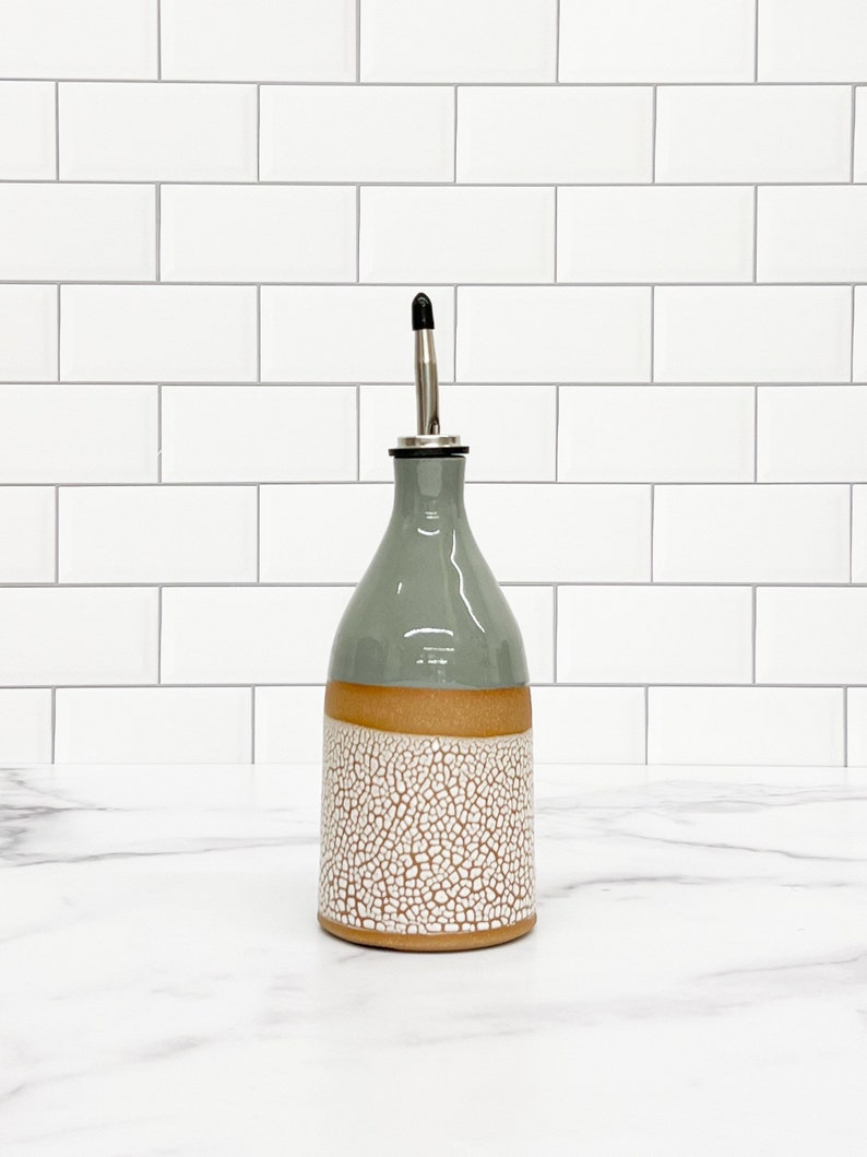 olive oil bottle Crackle Glaze Spout insert. Free shipping Sage Gray