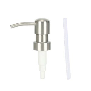 May include: A stainless steel soap dispenser pump with a curved spout and a white plastic tube. The pump has a cylindrical design with a brushed metal finish. The white tube is straight and slender.