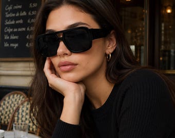Gafas de sol negras vintage, montura cuadrada extragrande estilo retro de los 80, gafas unisex llamativas, lentes negras y grises, regalo para ella o para él.