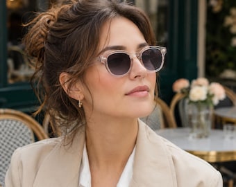 Round Acetate Sunglasses, 70s Blush Pink Frame, Smoke Gradient Lenses, Unisex