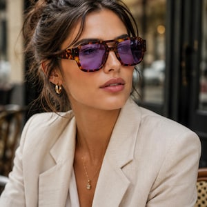 Gafas de sol de inspiración vintage, gafas retro extragrandes de carey, montura unisex con lentes moradas, regalo llamativo de los años 70 y 80