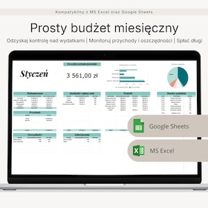 Może przedstawiać: Ekran laptopa wyświetlający arkusz kalkulacyjny budżetu miesięcznego. Arkusz kalkulacyjny jest zorganizowany z sekcjami dla dochodów, wydatków i oszczędności. Tekst na ekranie zawiera "Budżet miesięczny", "Dochody" i "Wydatki". Kompatybilny z MS Excel i Google Sheets.