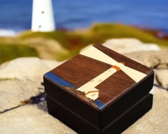 Ring Box with Inlaid Lighthouse. Free Shipping and Engraving. RB-92