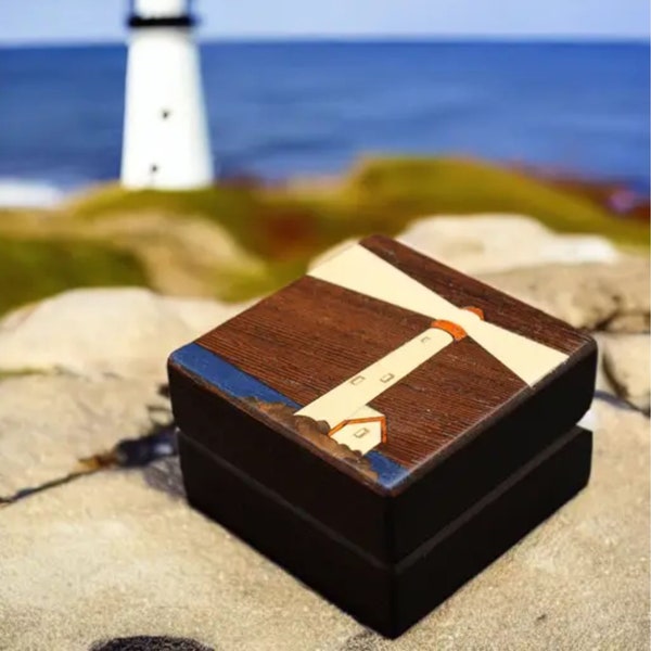 Ring Box with Inlaid Lighthouse. Free Shipping and Engraving. RB-92