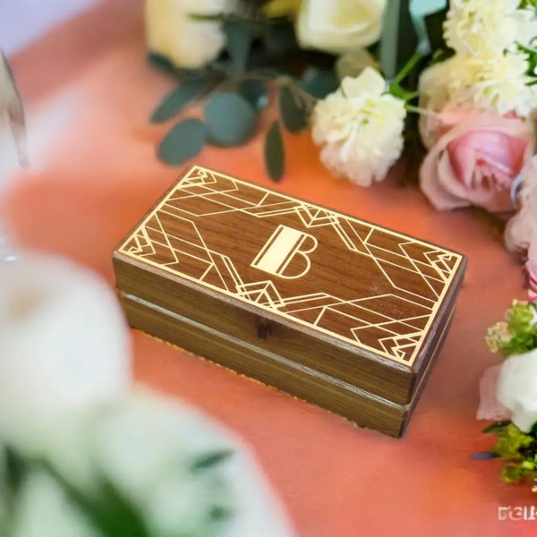 Double Wedding Ring Box in the Art Deco Style. Free Engraving and Shipping. DRB-2