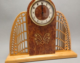 Clock, Inlaid Art Deco Mantle Clock with Pierced Wings. MC-5 Free Shipping within the U.S.