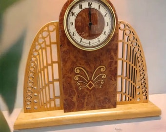 Clock, Inlaid Art Deco Mantle Clock with Pierced Wings. MC-5 Free Shipping within the U.S.