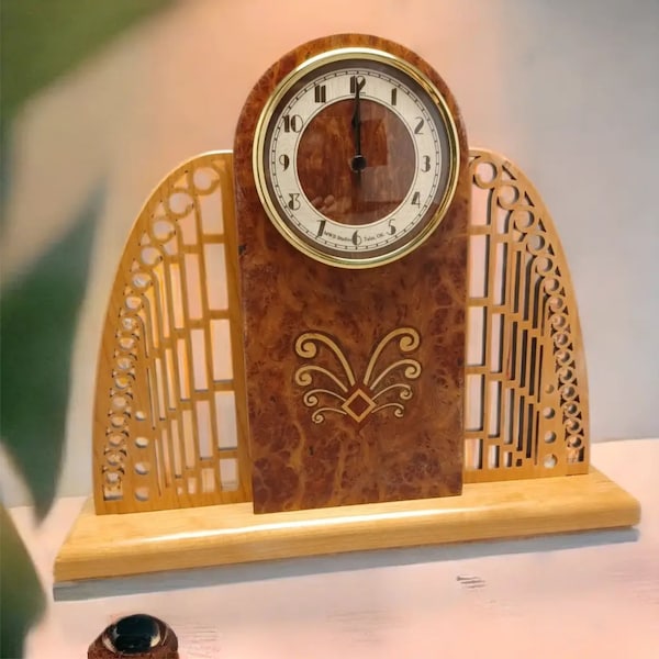 Clock, Inlaid Art Deco Mantle Clock with Pierced Wings. MC-5 Free Shipping within the U.S.