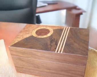 Wood Box with art deco inlaid design, free shipping and personalization.