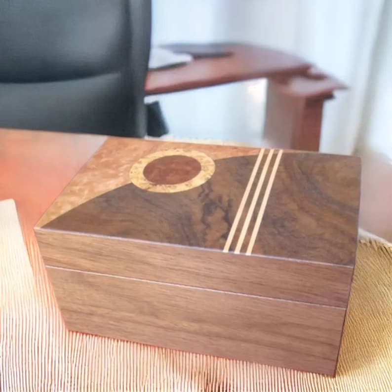 Wood Box with art deco inlaid design, free shipping and personalization. image 1