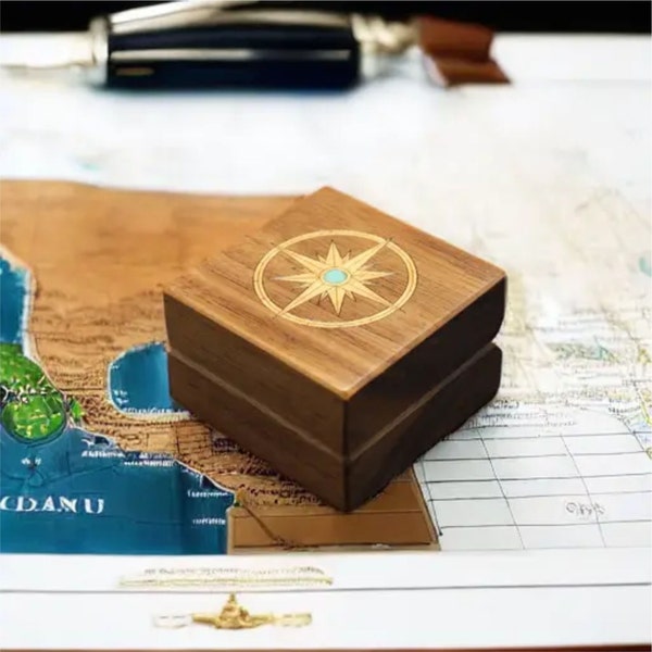 Ring Box with Inlaid Compass of Maple and Turquoise. Free Shipping and Engraving. RB-17