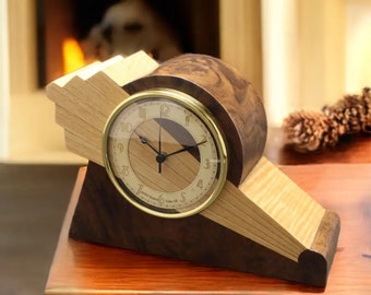 Clock, Art Deco Motif with Wood Dial. Walnut Burl  MC44 . Free Shipping within the U.S.