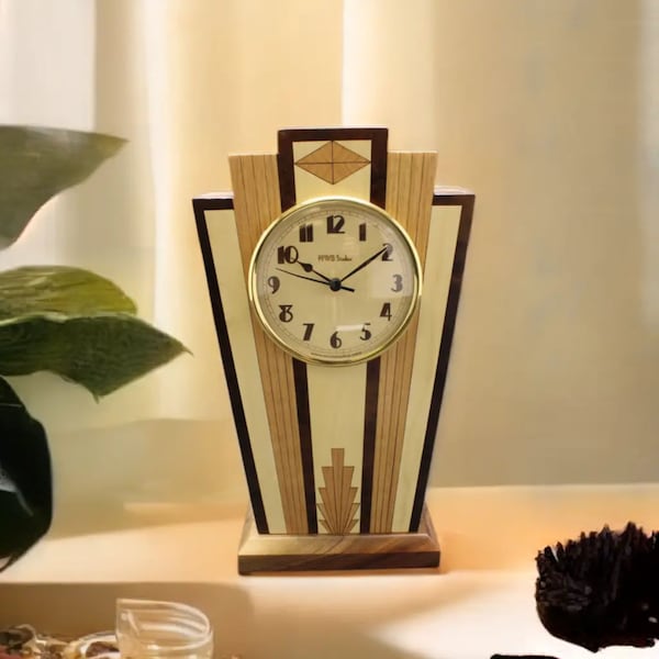 Clock, Art Deco Motif. MC40 Free Engraving, Free Shipping within the U.S.