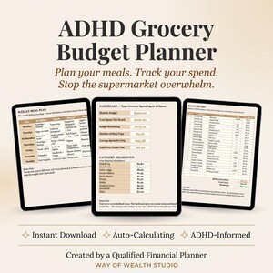 May include: A digital ADHD Grocery Budget Planner displayed on three tablets. The screens show a weekly meal plan, a spending dashboard, and a shopping list with categories, itemized costs, and totals. Text includes 'Plan your meals. Track your spend.'