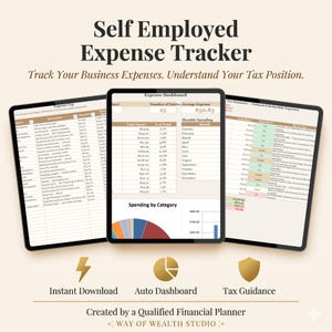 May include: Three digital tablets showing a self-employed expense tracker. The text reads "Self Employed Expense Tracker" and "Track Your Business Expenses. Understand Your Tax Position." Features include instant download, auto dashboard, and tax guidance.