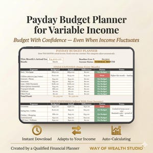 May include: A digital financial planner with the title "Payday Budget Planner for Variable Income." The planner displays a budget breakdown with sections for fixed and flexible expenses, and includes the text "Budget With Confidence - Even When Income Fluctuates."