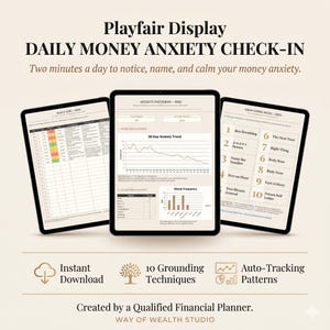 May include: Three digital tablets displaying financial wellness content. The tablets show charts, graphs, and checklists for managing money anxiety. Text includes "Daily Money Anxiety Check-In" and "Instant Download."