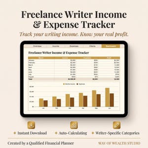 May include: A digital Freelance Writer Income & Expense Tracker displayed on a tablet screen. The interface features tabs for Overview, Income, Expenses, Clients, and Dashboard, with a table showing monthly financial data and a bar chart.