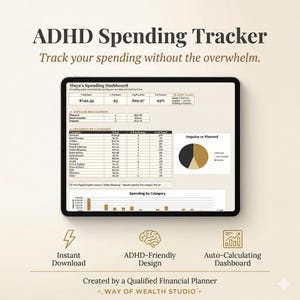 Puede incluir: Un rastreador digital de gastos para TDAH en una tableta. El panel muestra categorías de gastos, desglose de impulsos y un gráfico circular. El texto incluye "ADHD Spending Tracker" y "Track your spending without the overwhelm." Descarga instantánea.