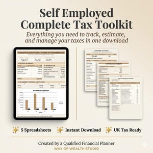 May include: A digital tax toolkit featuring a tablet displaying an income and tax dashboard with charts, alongside three printed document pages for expense tracking and tax estimation. Text includes Self Employed Complete Tax Toolkit.