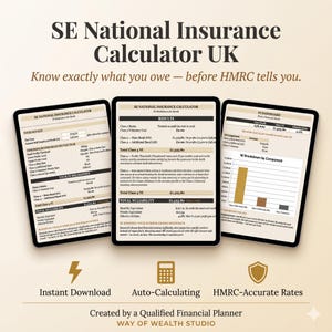 May include: Three digital tablets displaying financial information, with the text "SE National Insurance Calculator UK" and "Know exactly what you owe - before HMRC tells you." Also features "Instant Download," "Auto-Calculating," and "HMRC-Accurate Rates."