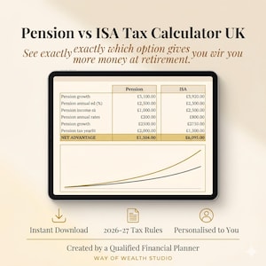 May include: A digital tablet displays a financial comparison chart titled "Pension vs ISA Tax Calculator UK." The chart compares pension and ISA growth, annual rates, and tax implications. The text includes "Instant Download," "2026-27 Tax Rules," and "Personalised to You."